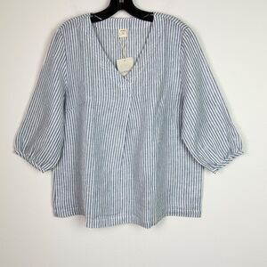 Lintico Women's 100% Linen Blue White Striped Top Lagenlook Artsy Coastal Large